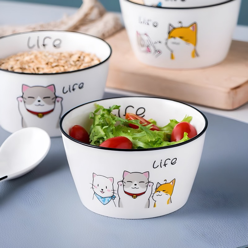 Chén ăn cơm bằng sứ, bát vuông ăn bằng gốm sứ hoạ tiết mèo life, chén ăn cơm 4 mẫu mèo hàng sẵn.