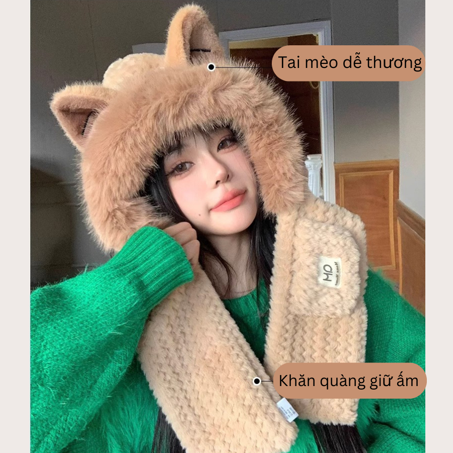 Mũ len nữ, Mũ lông cừu tai mèo kèm khăn quàng cổ giữ ấm mùa đông SLEEPYCHIC nón len lông cừu tai mèo thời trang