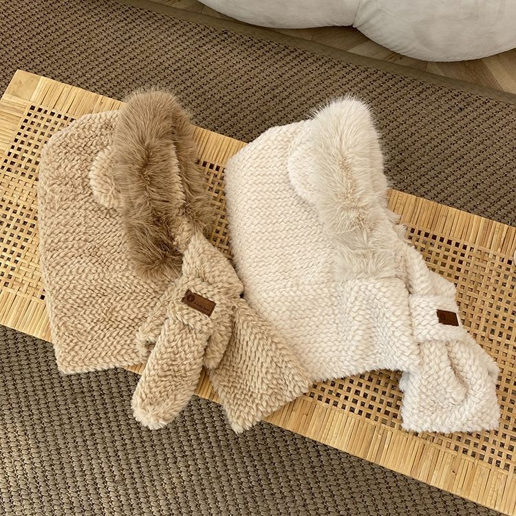 Mũ len nữ, Mũ lông cừu tai mèo kèm khăn quàng cổ giữ ấm mùa đông SLEEPYCHIC nón len lông cừu tai mèo thời trang