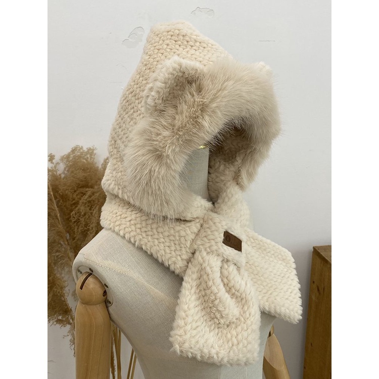 Mũ len nữ, Mũ lông cừu tai mèo kèm khăn quàng cổ giữ ấm mùa đông SLEEPYCHIC nón len lông cừu tai mèo thời trang