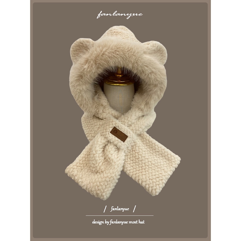 Mũ len nữ, Mũ lông cừu tai mèo kèm khăn quàng cổ giữ ấm mùa đông SLEEPYCHIC nón len lông cừu tai mèo thời trang