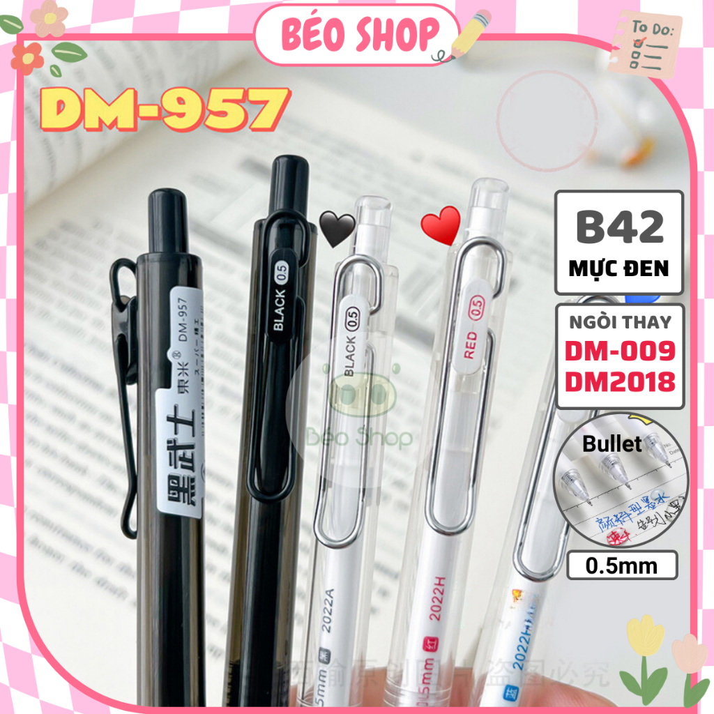 Bút gel Mura basic Pkbeoshop ngòi 0.5mm mã Domi DM-957 mực đen đỏ xanh thanh cài kim loại B42