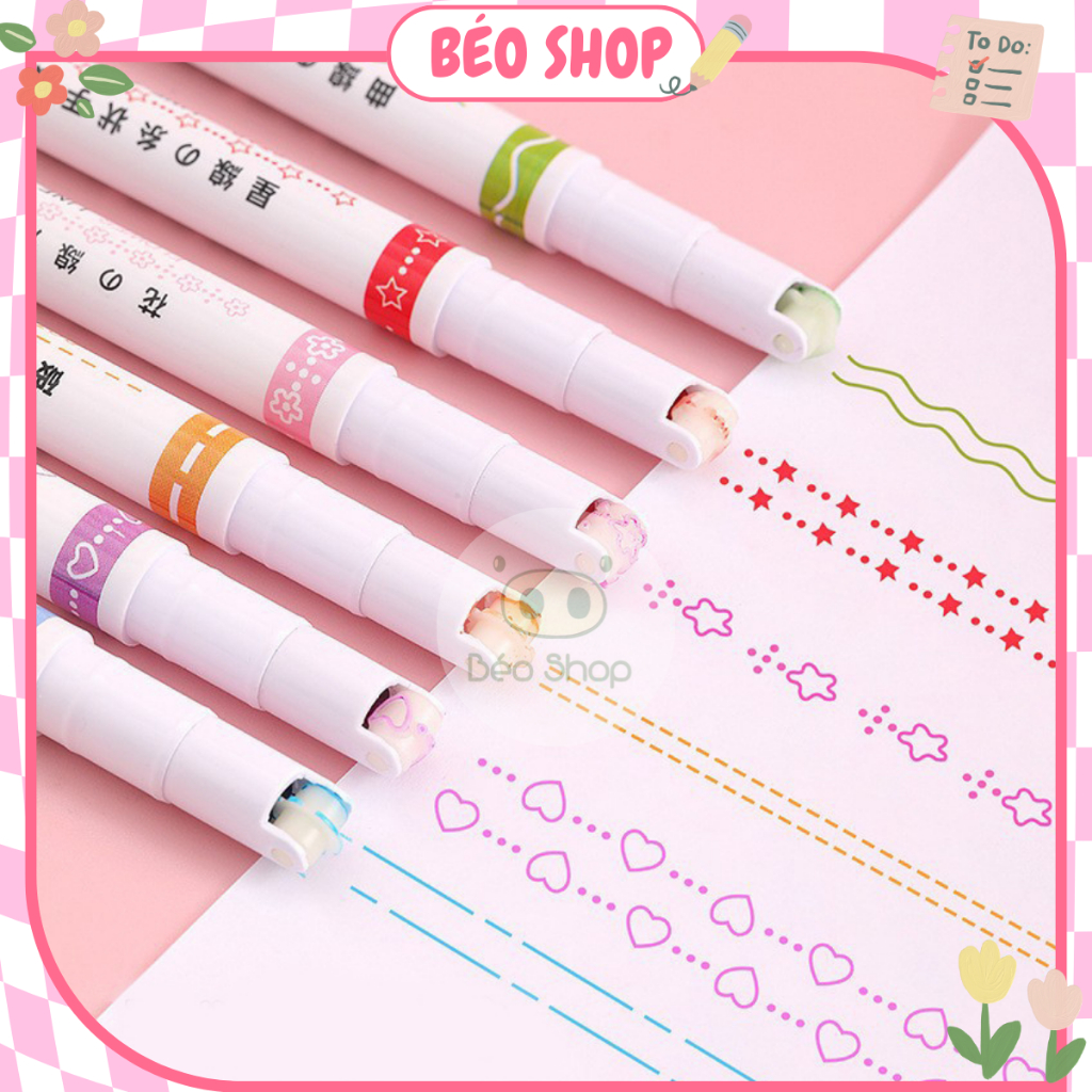 Set 6 bút highlight đầu lăn Pkbeoshop bút vẽ tay hoa văn trang trí sổ nhật ký đánh dấu nhanh khô dễ thương B52