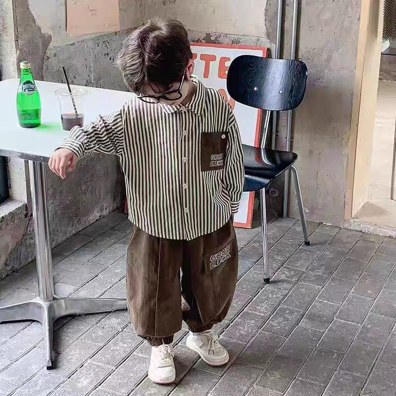Bộ sơ mi kẻ nâu goodluck bé trai