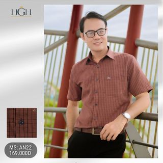 Áo Sơ Mi Trung Niên Nam Ngắn Tay Dáng Suông Vạt Ngang HGH FASHION Họa Tiết Kẻ Caro Màu Nâu Vải Cotton Cao Cấp