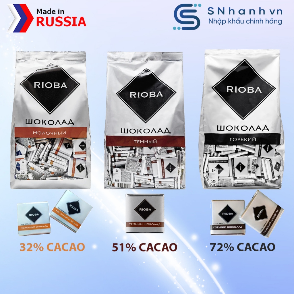 Socola RIOBA 32% 51% 72% Cacao Nguyên Chất Gói 400gr và 800gr