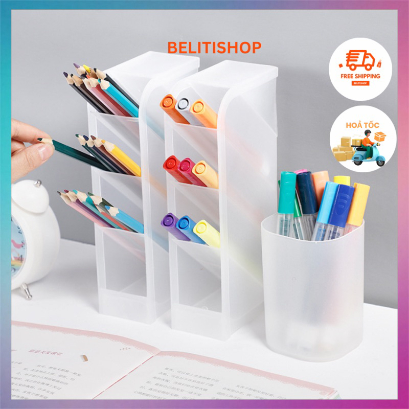 Ống đựng bút 4 tầng B6 - Lọ bút trong suốt để bàn Decor phòng học dễ thương 2023