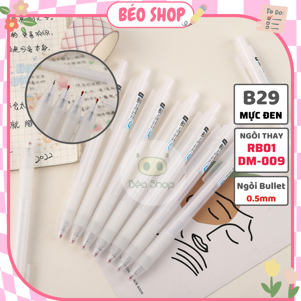 Bút bi gel vỏ trắng Béo shop viết bi ngòi 0.5mm dạng bấm lò xo mực màu đen dễ thương B29