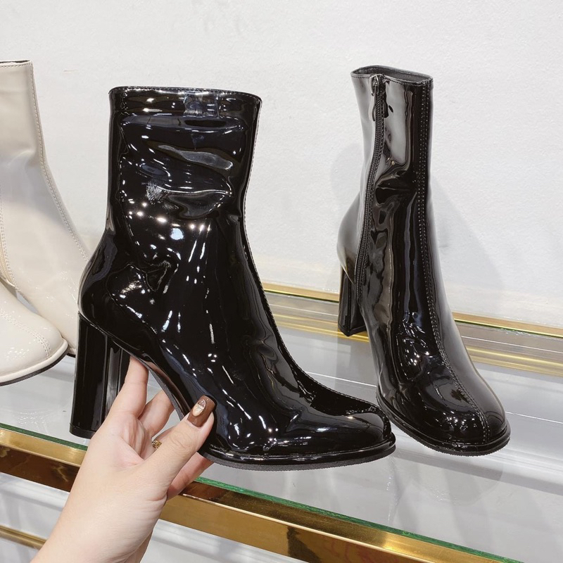 Bốt nữ thời trang da bóng mũi tròn cao 9 phân