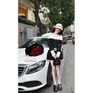 VÁY LEN TRỄ VAI BODY PHỐI TRẮNG KÈM BELT ĐÁ QCCC - linh hoàng