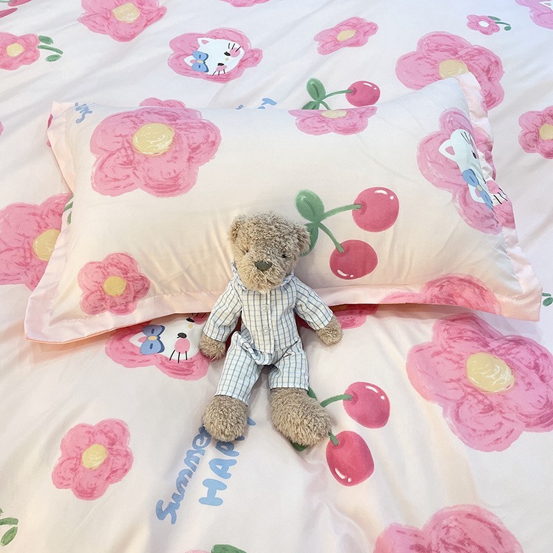 Bộ vỏ chăn ga gối cotton poly Lidaco decor phòng ngủ vintage - Kitty cherry