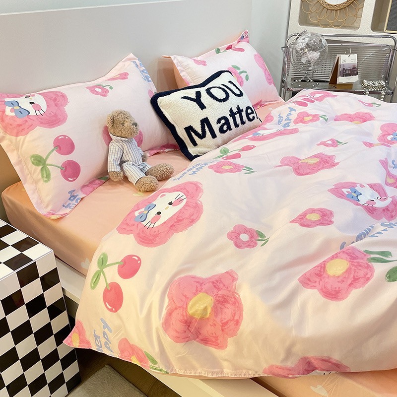 Bộ vỏ chăn ga gối cotton poly Lidaco decor phòng ngủ vintage - Kitty cherry