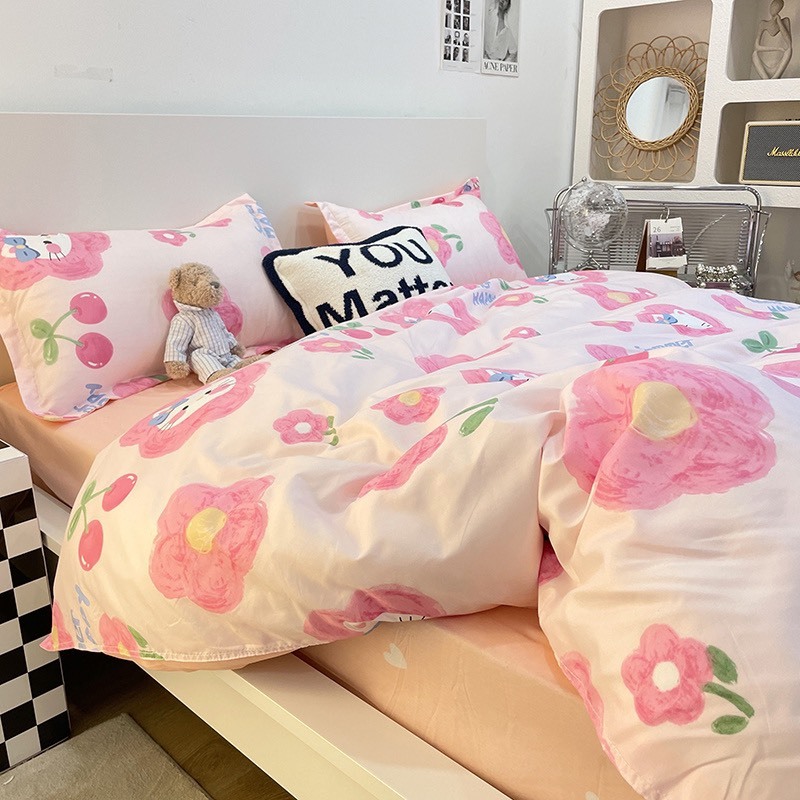 Bộ vỏ chăn ga gối cotton poly Lidaco decor phòng ngủ vintage - Kitty cherry