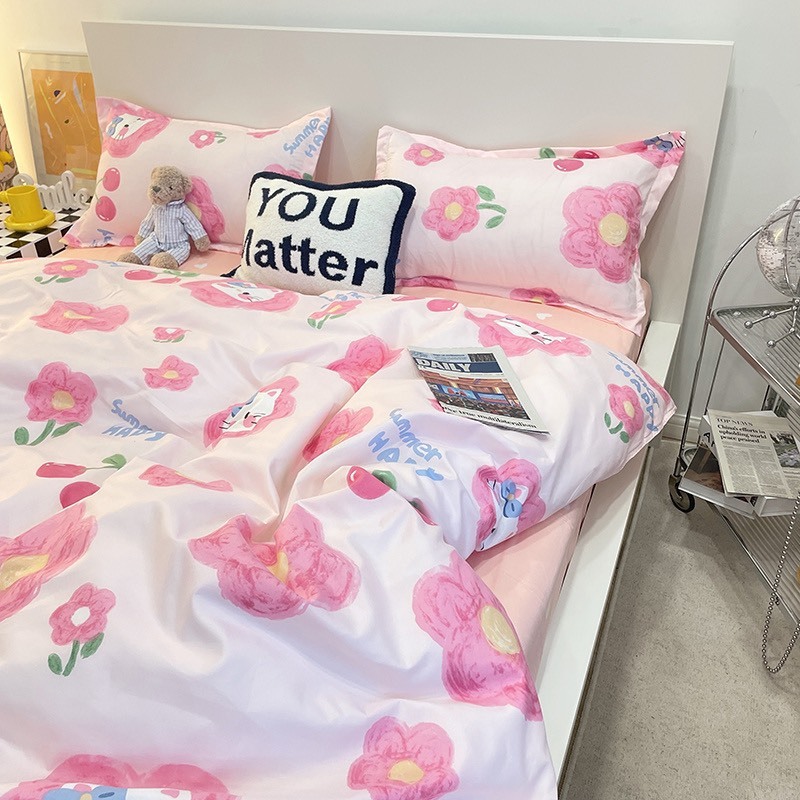 Bộ vỏ chăn ga gối cotton poly Lidaco decor phòng ngủ vintage - Kitty cherry