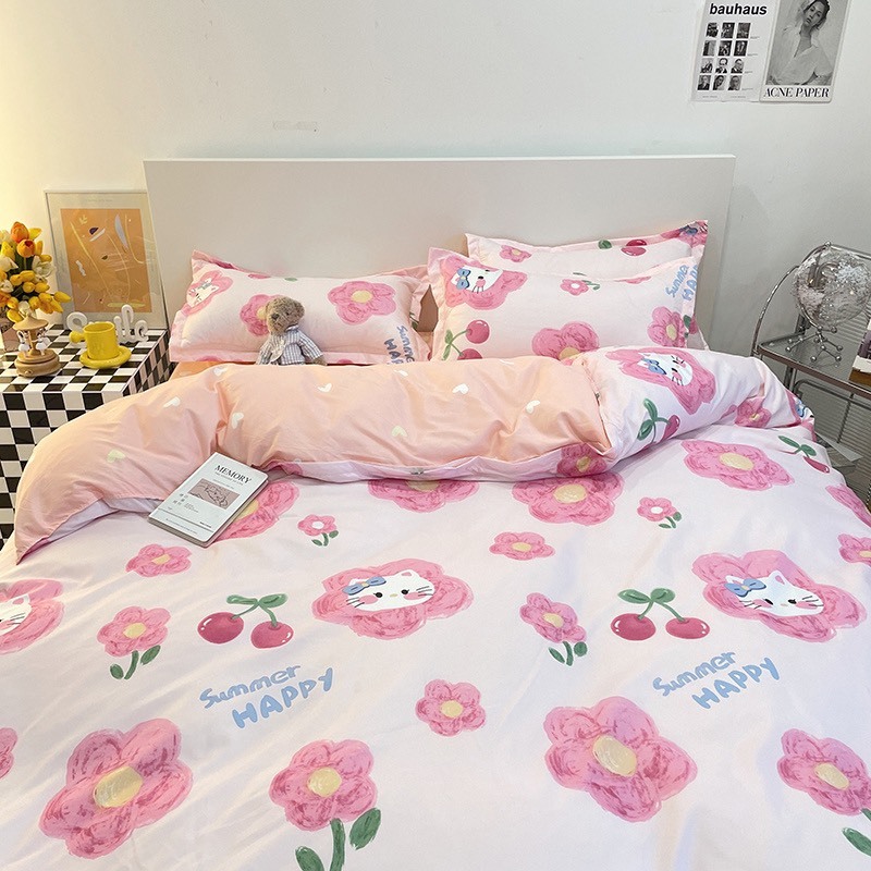 Bộ vỏ chăn ga gối cotton poly Lidaco decor phòng ngủ vintage - Kitty cherry