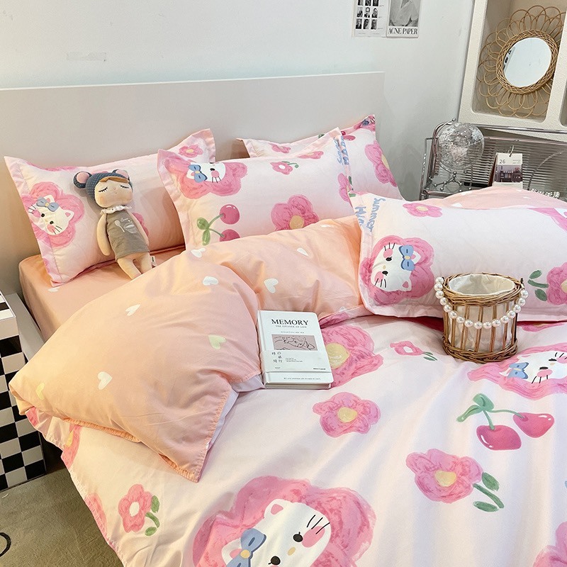 Bộ vỏ chăn ga gối cotton poly Lidaco decor phòng ngủ vintage - Kitty cherry