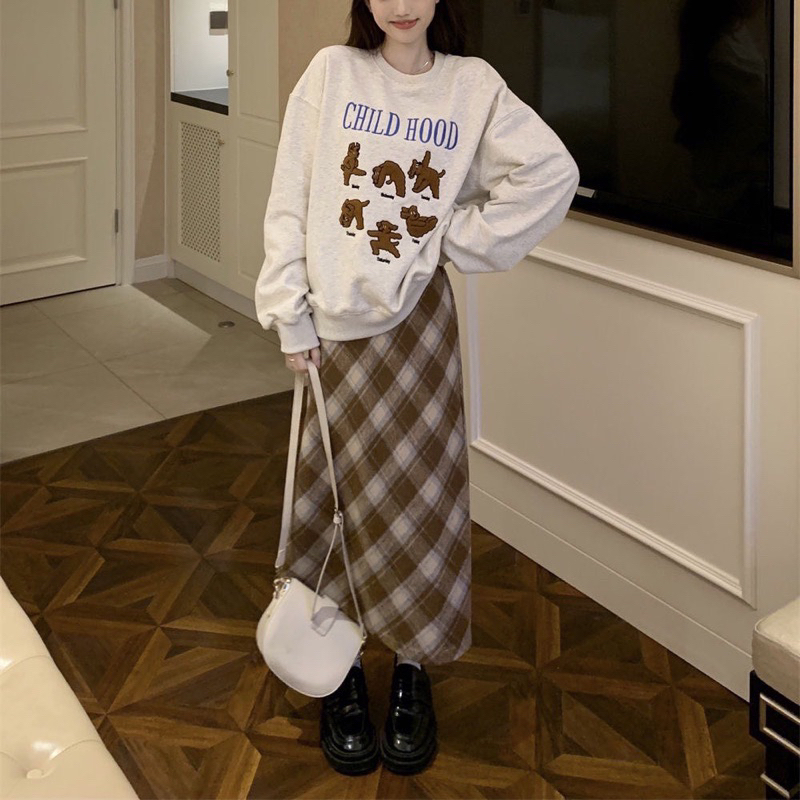 CHÂN VÁY DẠ KẺ CARO DÁNG DÀI XẺ VẠT SAU style Ulzzang