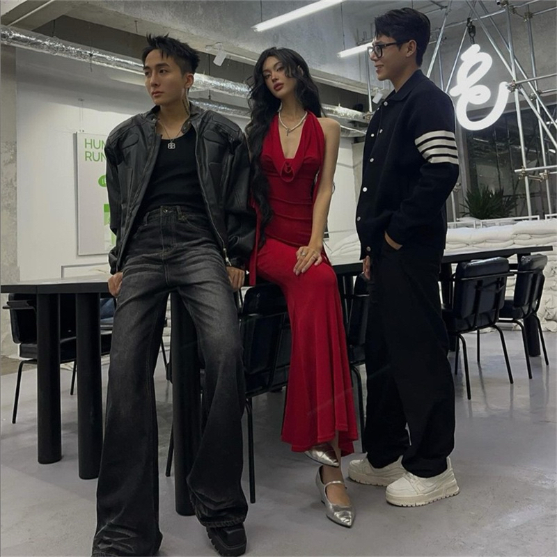 Đầm cổ đổ phối dây hở ngực gợi cảm ôm body dáng dài hở buộc dây lưng đơn sắc tôn dáng phong cách quyến rũ cổ điển