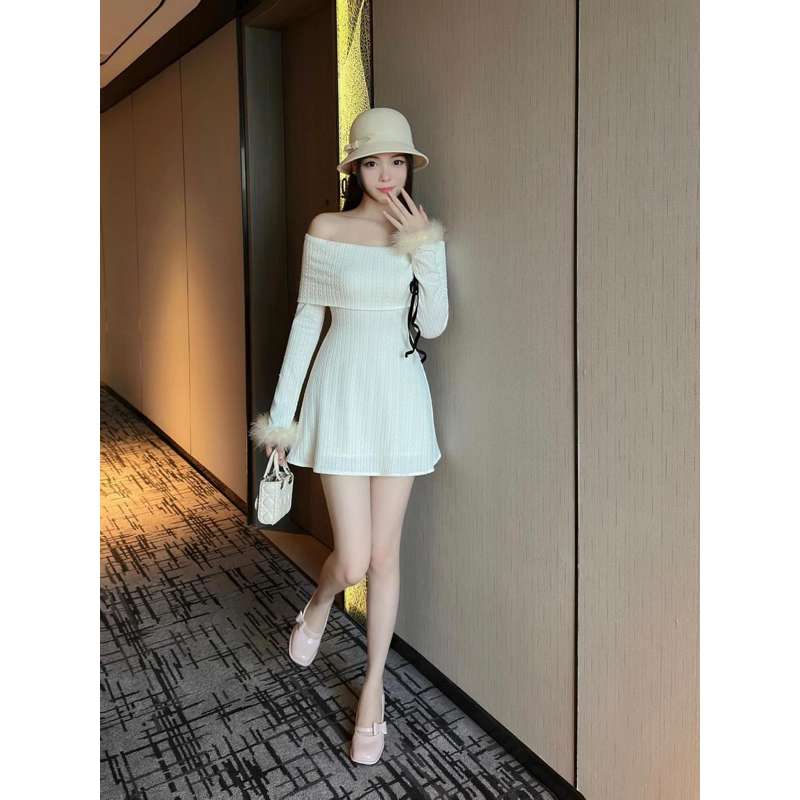 Đầm Trễ Vai Phối Nơ Ngực Tay Lông Thỏ Cách Điệu - ellie dress