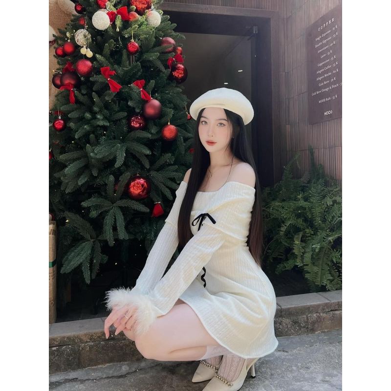 Đầm Trễ Vai Phối Nơ Ngực Tay Lông Thỏ Cách Điệu - ellie dress