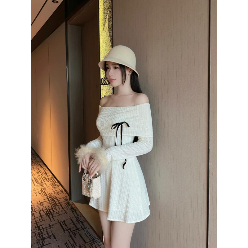 Đầm Trễ Vai Phối Nơ Ngực Tay Lông Thỏ Cách Điệu - ellie dress