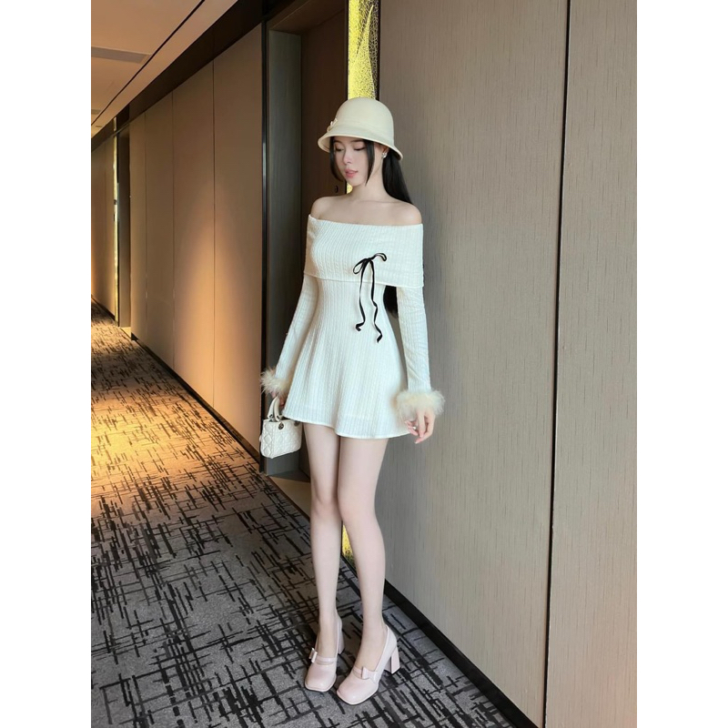 Đầm Trễ Vai Phối Nơ Ngực Tay Lông Thỏ Cách Điệu - ellie dress