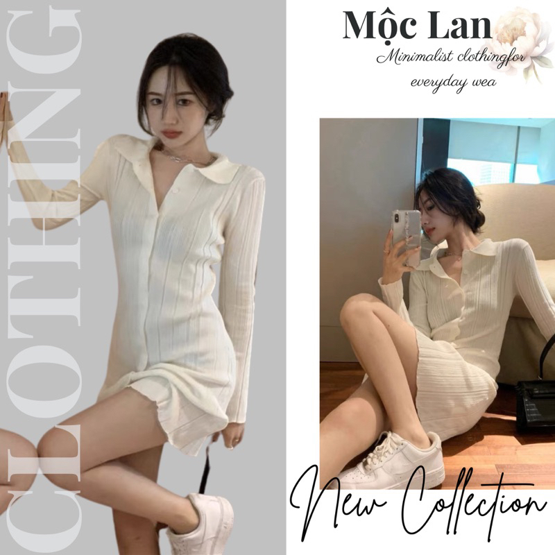 (Moclanclothing) Váy polo body tay dài màu trắng dệt kim phong cách Hàn Quốc 2021 AH1021