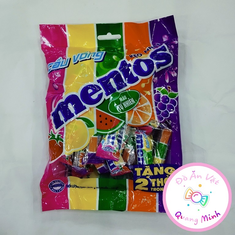 Bán sỉ gói kẹo nhai Mentos cầu vồng 240g gồm 24 cái với hương vị hoa quả thơm ngon, đồ ăn vặt hot nhất
