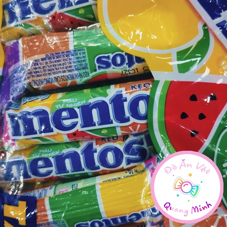 Bán sỉ gói kẹo nhai Mentos cầu vồng 240g gồm 24 cái với hương vị hoa quả thơm ngon, đồ ăn vặt hot nhất