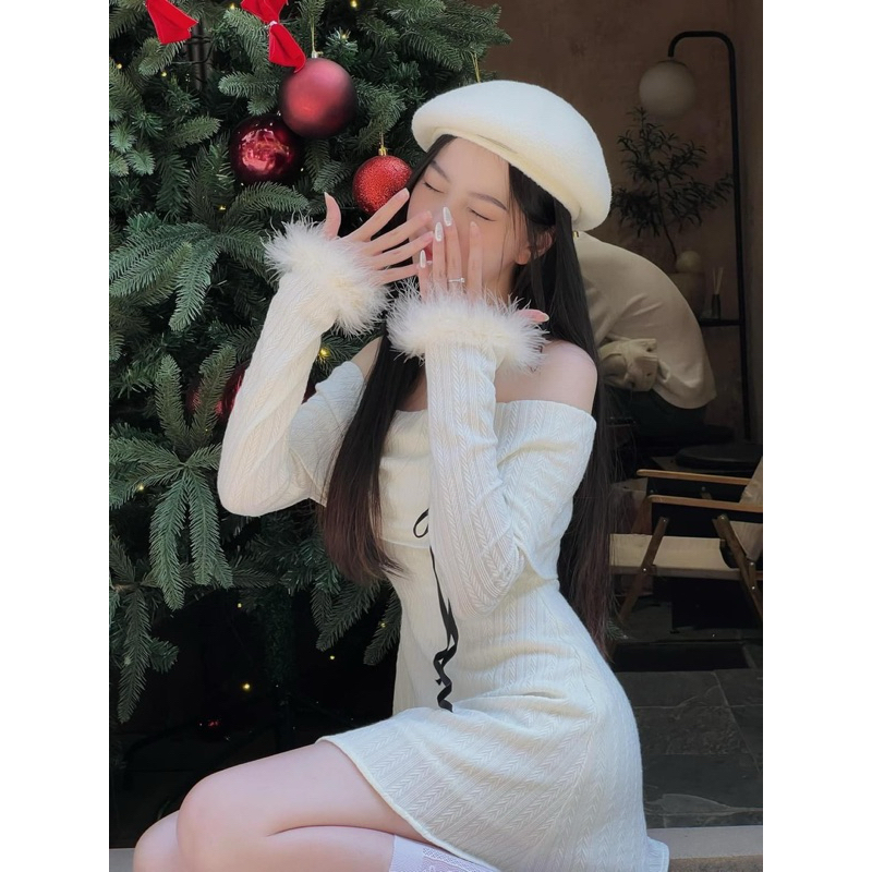 Đầm Trễ Vai Phối Nơ Ngực Tay Lông Thỏ Cách Điệu - ellie dress