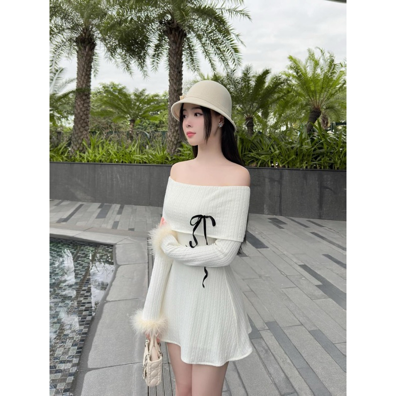 Đầm Trễ Vai Phối Nơ Ngực Tay Lông Thỏ Cách Điệu - ellie dress