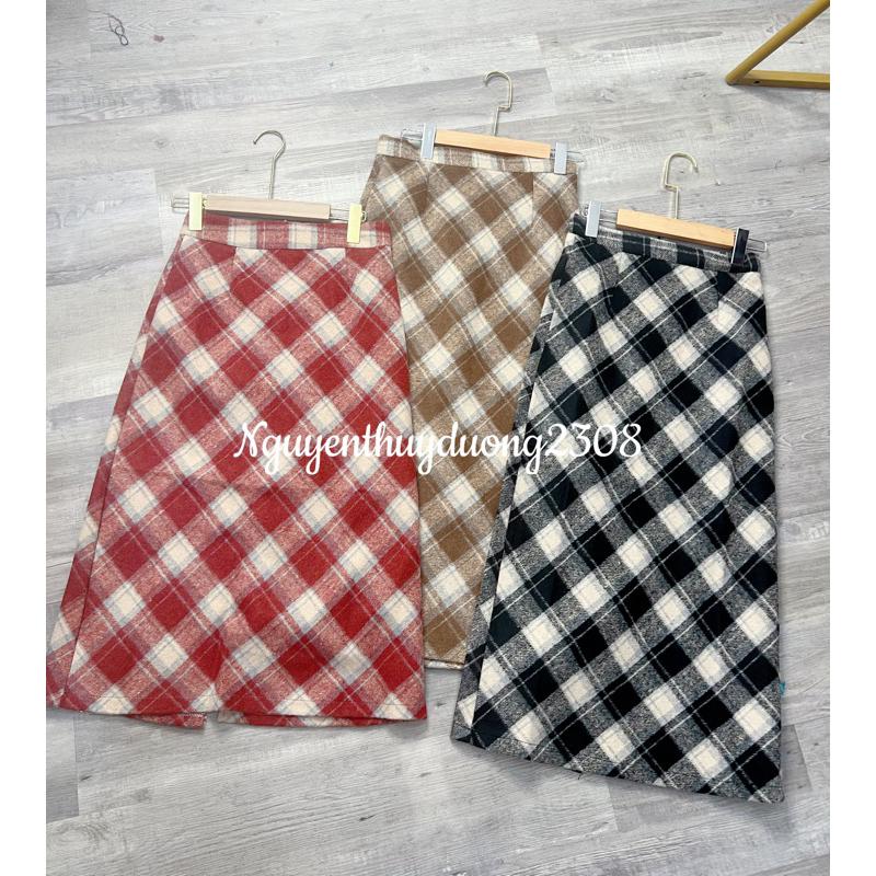 CHÂN VÁY DẠ KẺ CARO DÁNG DÀI XẺ VẠT SAU style Ulzzang