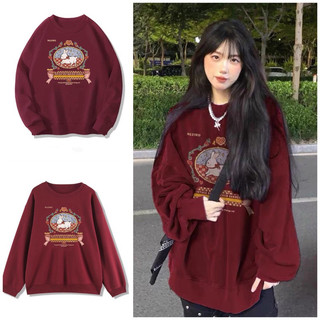Áo Sweater Dài Tay In Hình Thỏ Bunny Unisex .Áo nỉ from rộng cổ tròn dài tay màu đỏ đô dễ thương