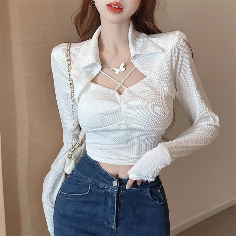 Áo kiểu nữ tay dài cổ bẻ sơ mi đan chéo dây áo kiểu nữ tay dài cổ bẻ đan chéo dây dáng croptop thun gân CỔ BẺ CHÉO DÂY
