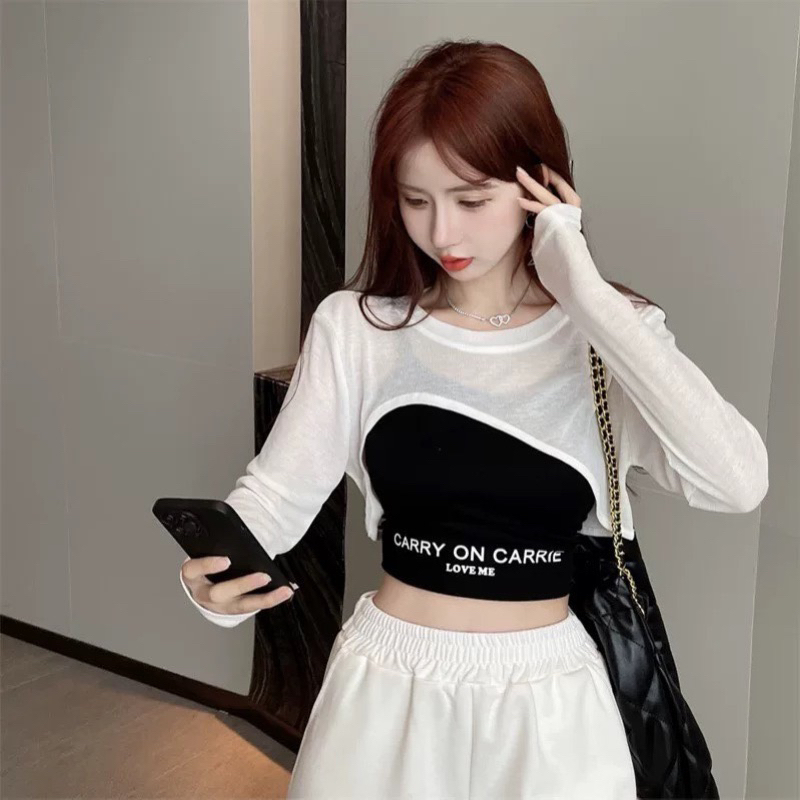 Áo kiểu nữ tay dài kèm áo 2 dây áo kiểu nữ tay dài cổ tròn kèm áo hai dây chất thun cotton borip CARRY ON CARRIE