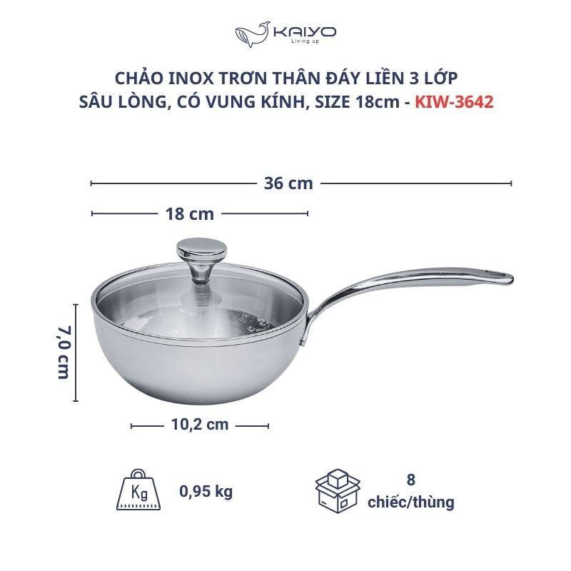 Chảo inox nguyên khối Chảo đáy từ inox Kaiyo kèm vung kính size 16 18 20 24cm - Thương hiệu Nhật