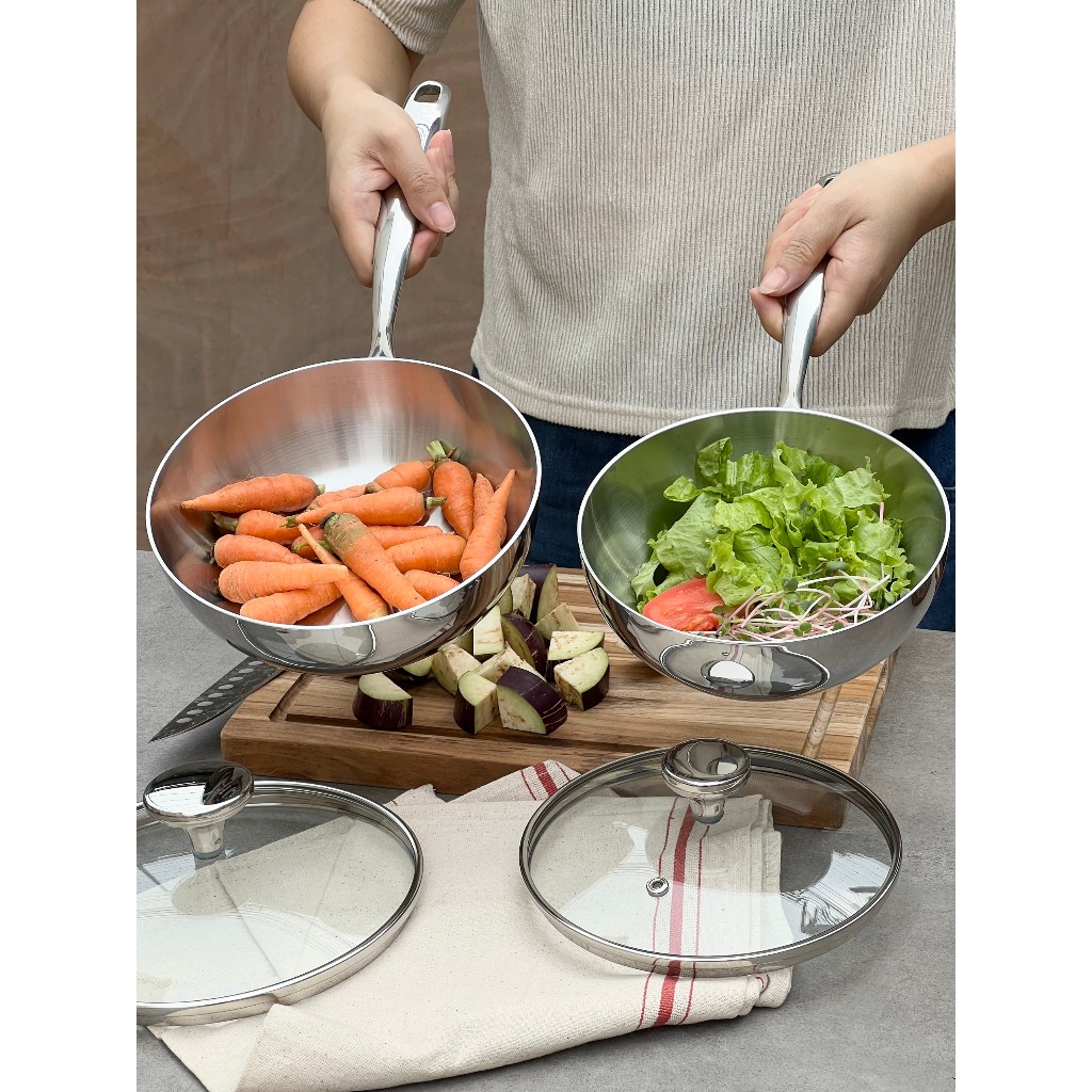 Chảo inox nguyên khối Chảo đáy từ inox Kaiyo kèm vung kính size 16 18 20 24cm - Thương hiệu Nhật