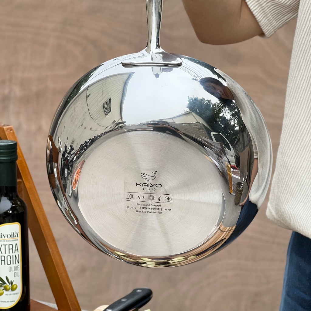 Chảo inox nguyên khối Chảo đáy từ inox Kaiyo kèm vung kính size 16 18 20 24cm - Thương hiệu Nhật