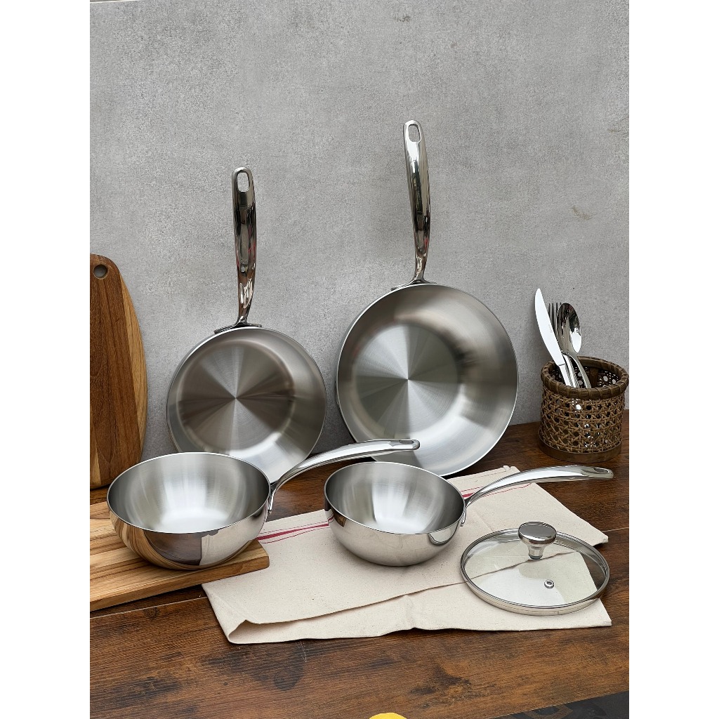 Chảo inox nguyên khối Chảo đáy từ inox Kaiyo kèm vung kính size 16 18 20 24cm - Thương hiệu Nhật
