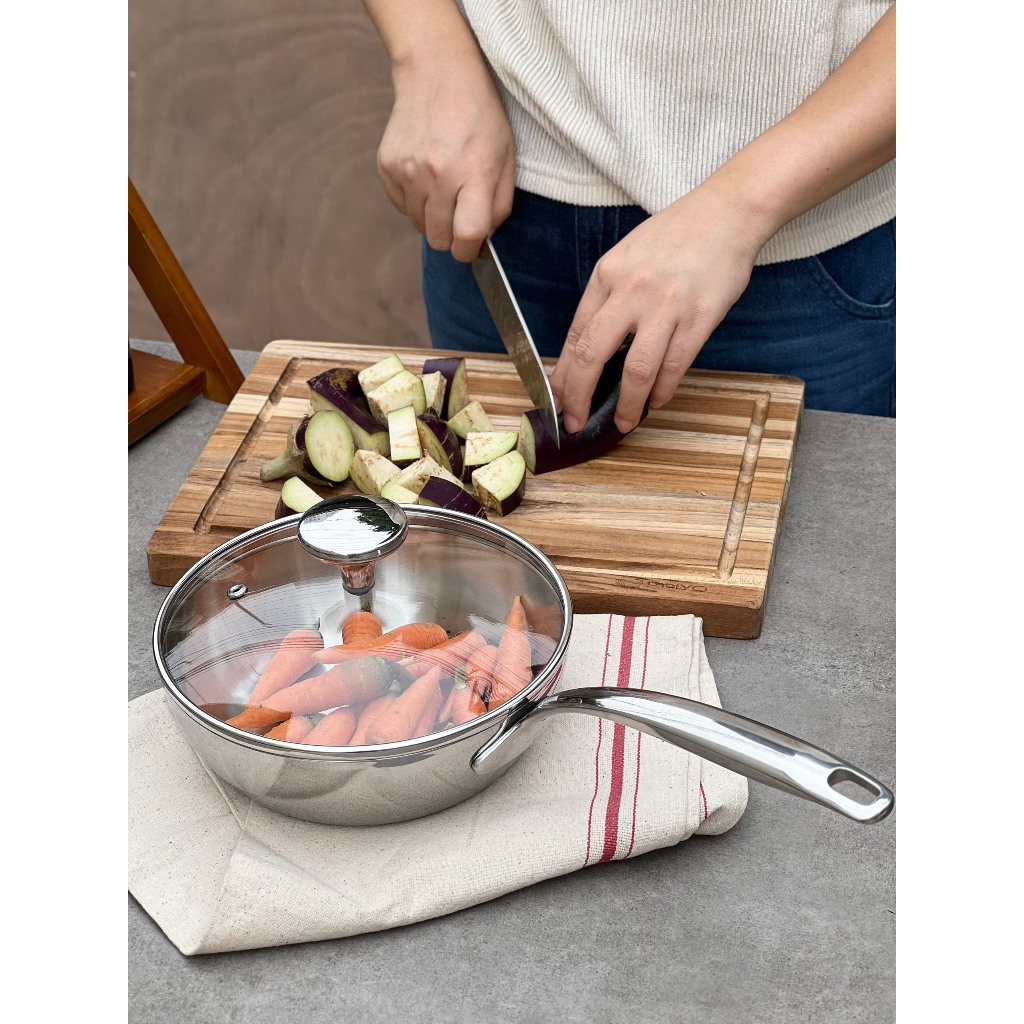Chảo inox nguyên khối Chảo đáy từ inox Kaiyo kèm vung kính size 16 18 20 24cm - Thương hiệu Nhật