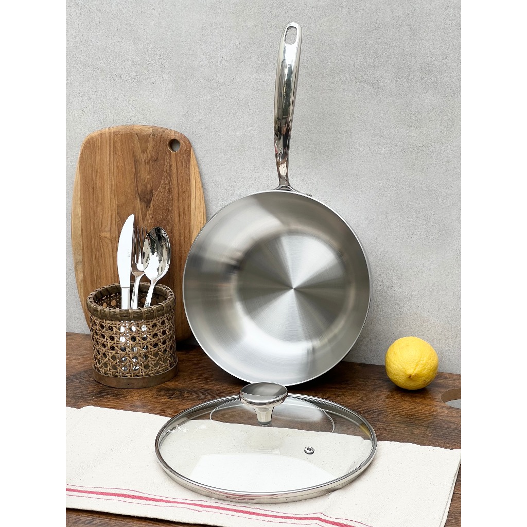 Chảo inox nguyên khối Chảo đáy từ inox Kaiyo kèm vung kính size 16 18 20 24cm - Thương hiệu Nhật