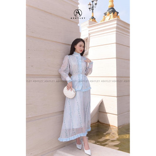 SET TƠ XANH ÁO CỔ BÈO CHÂN VÁY XOÈ DÀI A.S.H.Y.L.E.Y - kèm ảnh thật cận chất