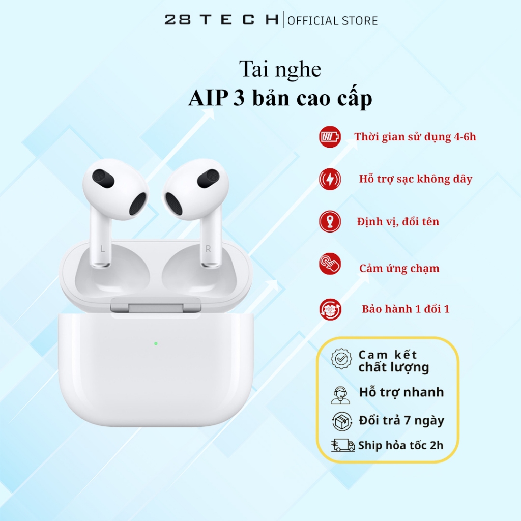 Tai nghe Bluetooth không dây AP 3 bản cao cấp đầy đủ chức năng,định vị,cảm ứng, bảo hành lỗi đổi mới,có seal xé