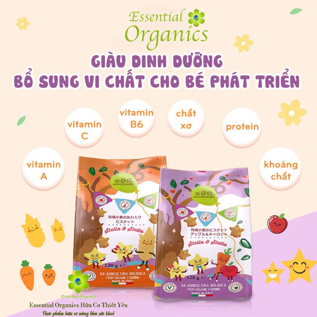 Bánh quy hạt kê, bánh quy táo cà rốt hữu cơ Sottolestelle 250g, bánh quy hữu cơ organic, bánh ăn dặm cho bé