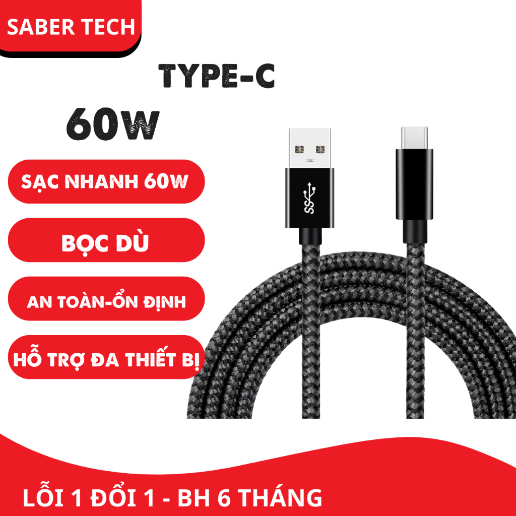 Dây cáp sạc nhanh 60W type C công suất lớn cho điện thoại máy tính bảng xiaomi, oppo, samsung dài 1 mét bọc dù siêu bền.