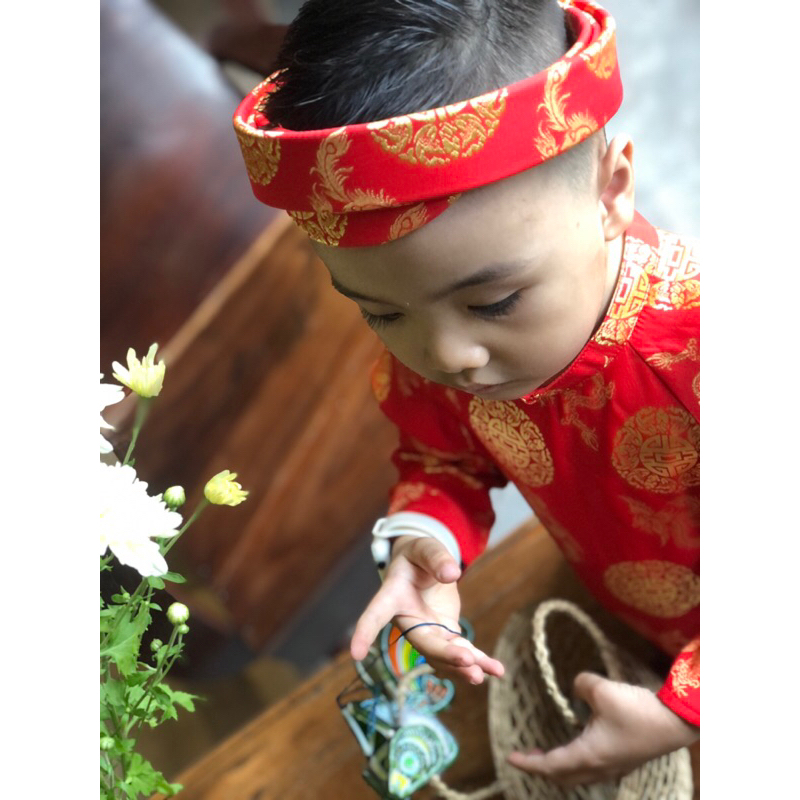Áo dài lụa Thái Tuấn đồng tiền in rồng, áo dài khăn đóng bé Trai