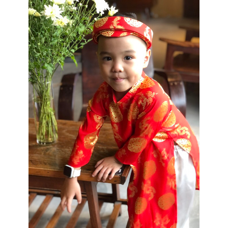 Áo dài lụa Thái Tuấn đồng tiền in rồng, áo dài khăn đóng bé Trai