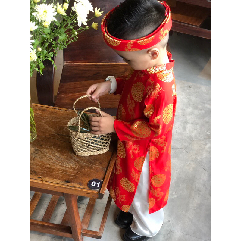 Áo dài lụa Thái Tuấn đồng tiền in rồng, áo dài khăn đóng bé Trai