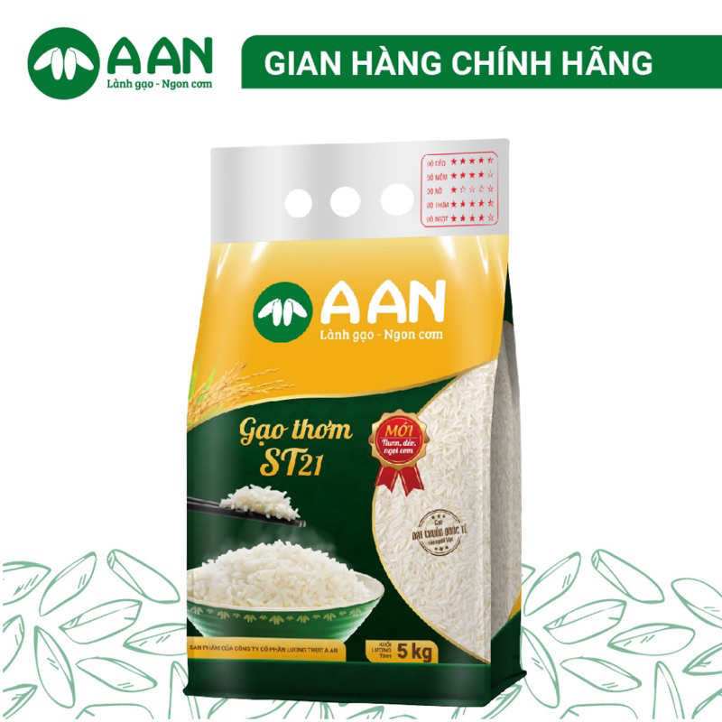Hoả tốc - Gạo Thơm ST21 A AN Túi 5Kg - Đặc sản Sóc Trăng - Thơm hoa lài nhẹ, cơm ngọt, rất dẻo, để nguội vẫn mềm