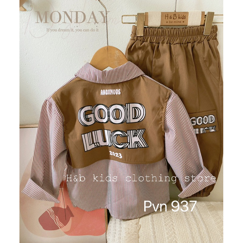 Bộ sơ mi kẻ nâu goodluck bé trai